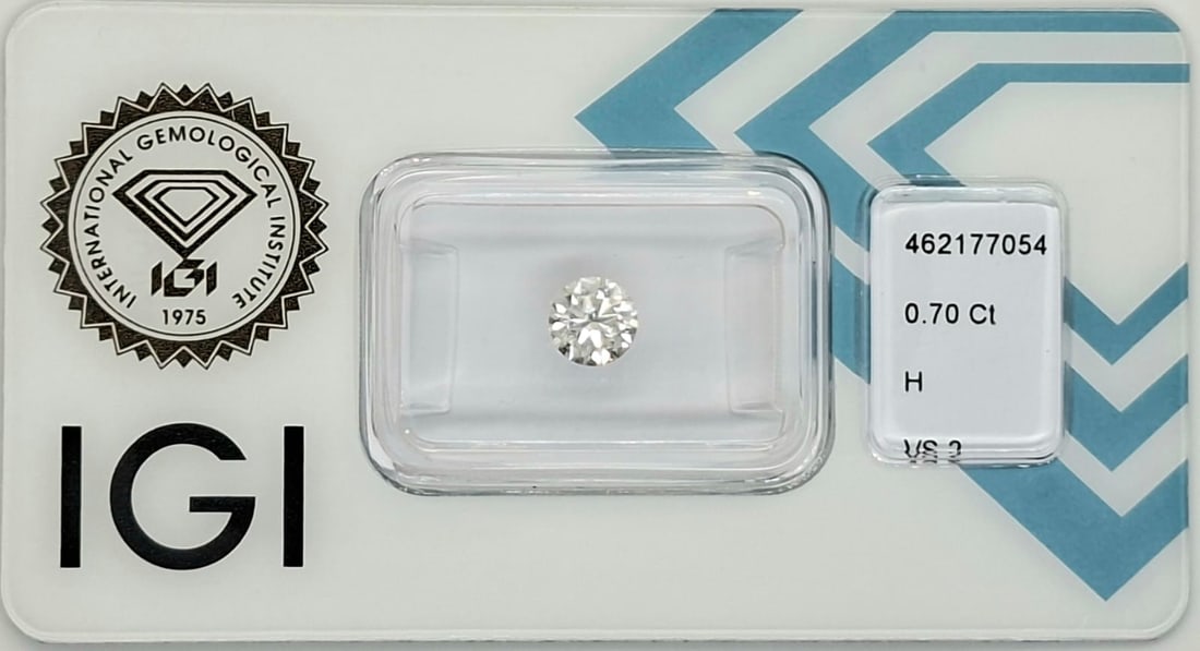 0.70 Carat H / VS 2 Round Brilliant Diamond - IGI Certified - Sealed