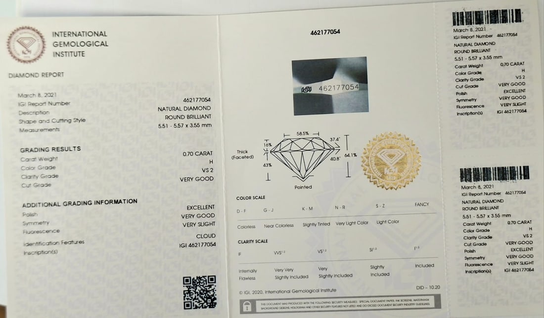 0.70 Carat H / VS 2 Round Brilliant Diamond - IGI Certified - Sealed - 2