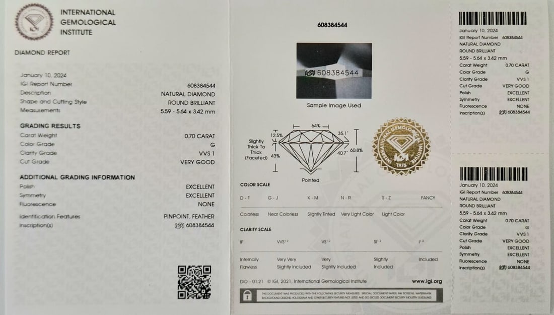 0.70 Carat G / VVS 1 Round Brilliant Diamond - IGI Certified - Sealed - 2