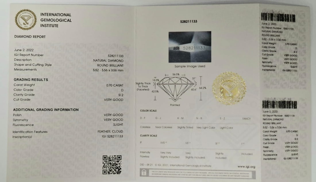 0.70 Carat D / SI 2 Round Brilliant Diamond - IGI Certified (Sealed) - 2