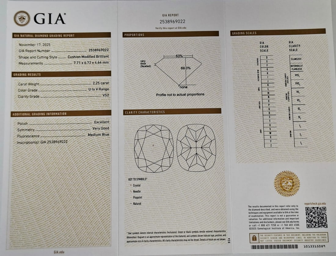 2.25 Carat Cushion Modified Brilliant Diamond - U to V Range VS2 - GIA Certified - 2