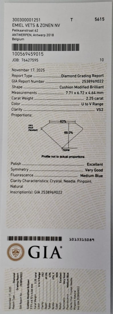 2.25 Carat Cushion Modified Brilliant Diamond - U to V Range VS2 - GIA Certified - 8