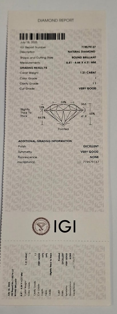 1.21 Ct Round Brilliant Diamond - I / I1 - Very Good Cut - IGI Sealed & Certified - 2