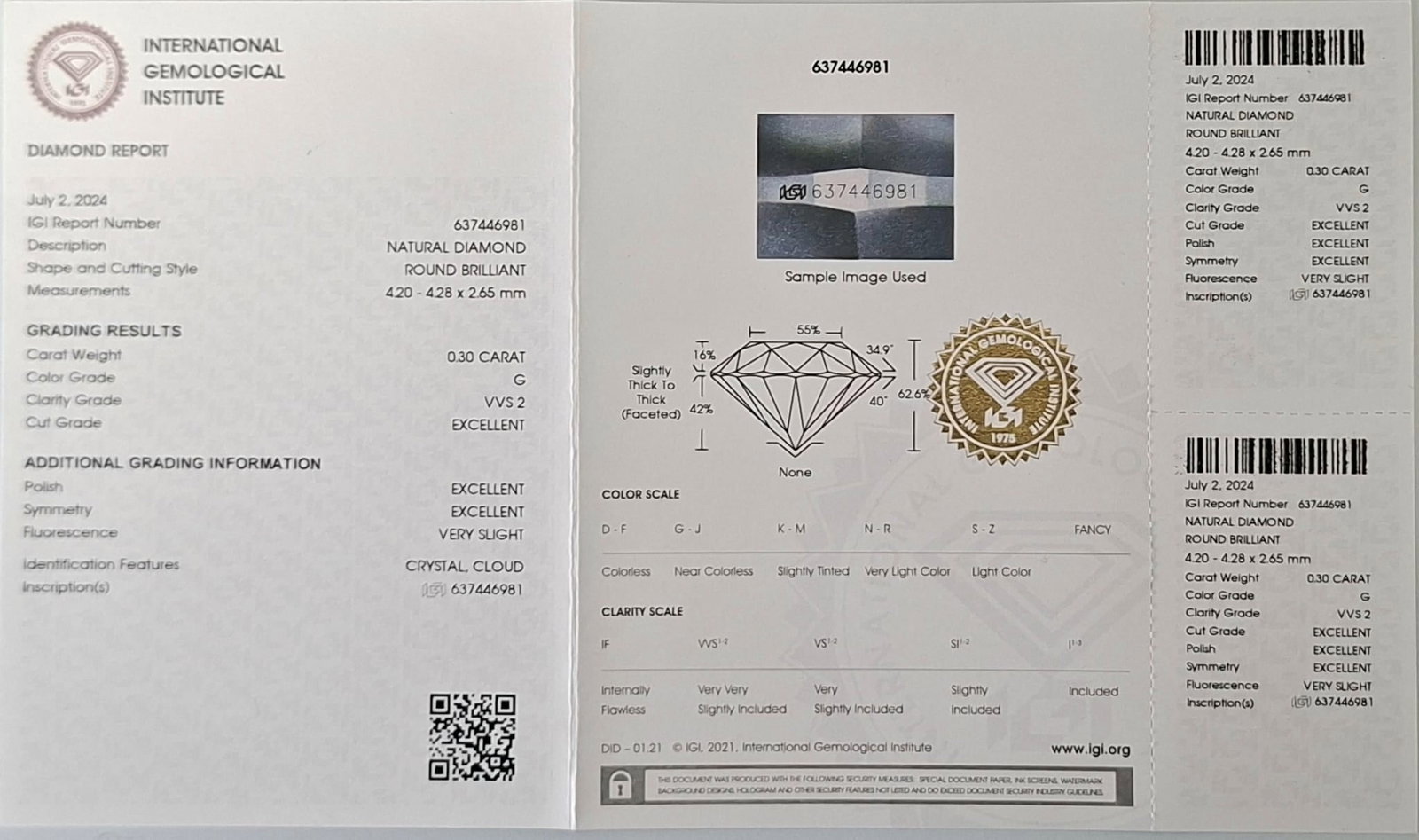 0.30 Carat Round Brilliant Diamond - G Color - VVS 2 Clarity - EX/EX/EX - IGI Certified - 2
