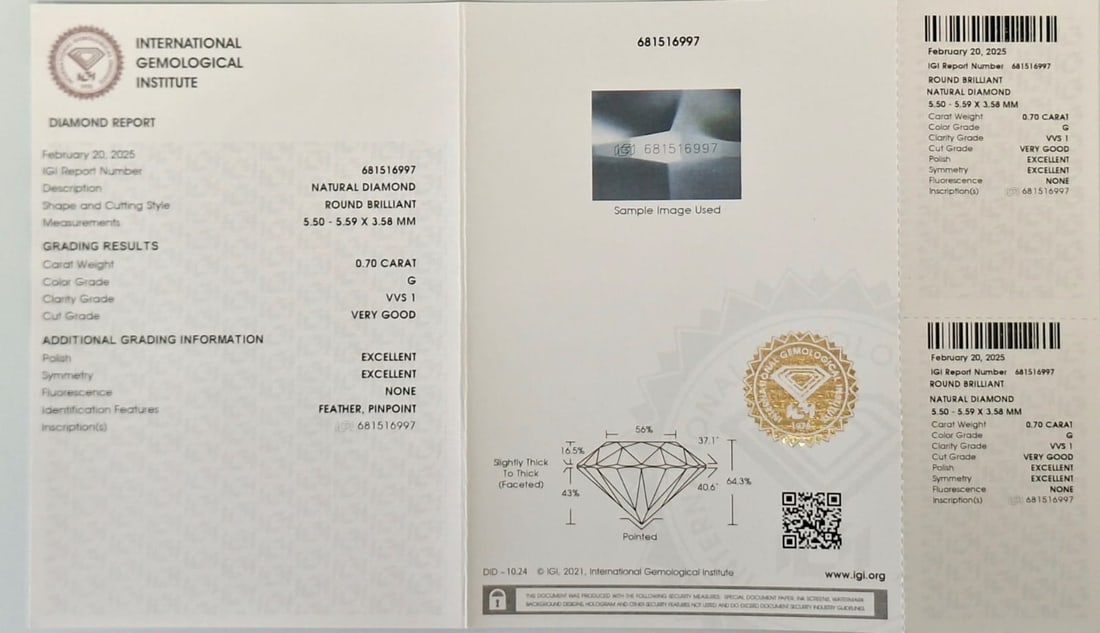 0.70 Carat Round Brilliant Diamond - G Color - VVS 1 Clarity - VG/EX/EX - IGI Certified & Sealed - 2