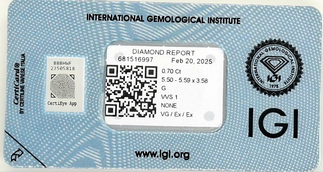 0.70 Carat Round Brilliant Diamond - G Color - VVS 1 Clarity - VG/EX/EX - IGI Certified & Sealed - 7