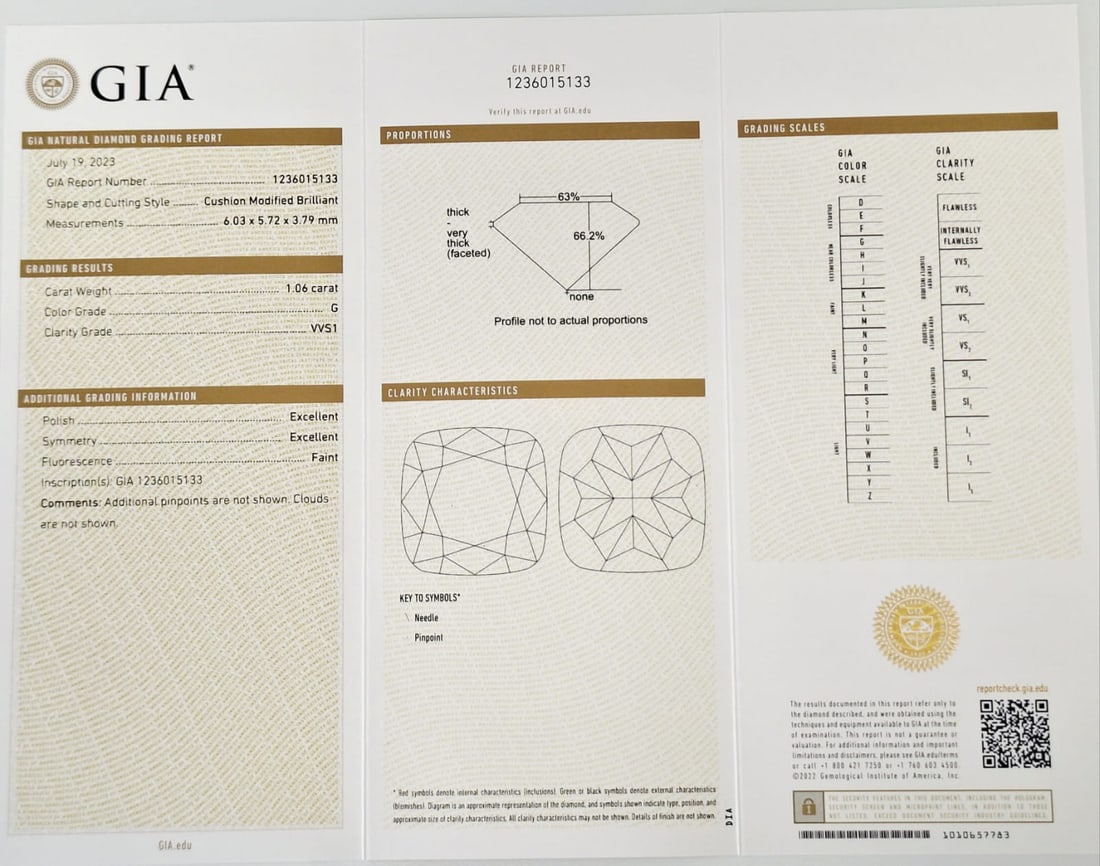 1.06 Carat Cushion Modified Brilliant Diamond - G Color - VVS1 Clarity - EX/EX - GIA Certified - 2