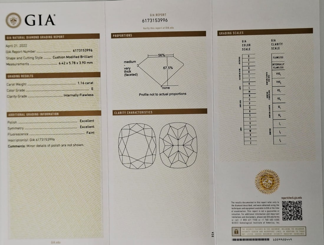 1.16 Carat Cushion Modified Brilliant Diamond - E Color - Internally Flawless - EX/EX - GIA Certifie - 2