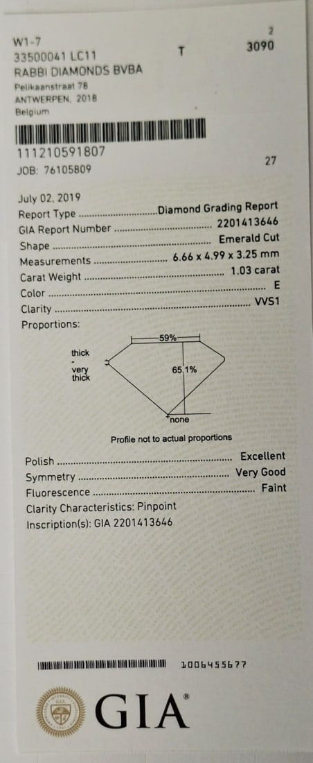 1.03 Carat Emerald Cut Diamond - E Color - VVS1 Clarity - GIA Certified - 3