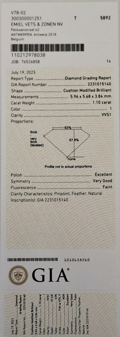 1.10 Carat Cushion Cut Diamond - I Color - VVS1 Clarity - GIA Certified - 6