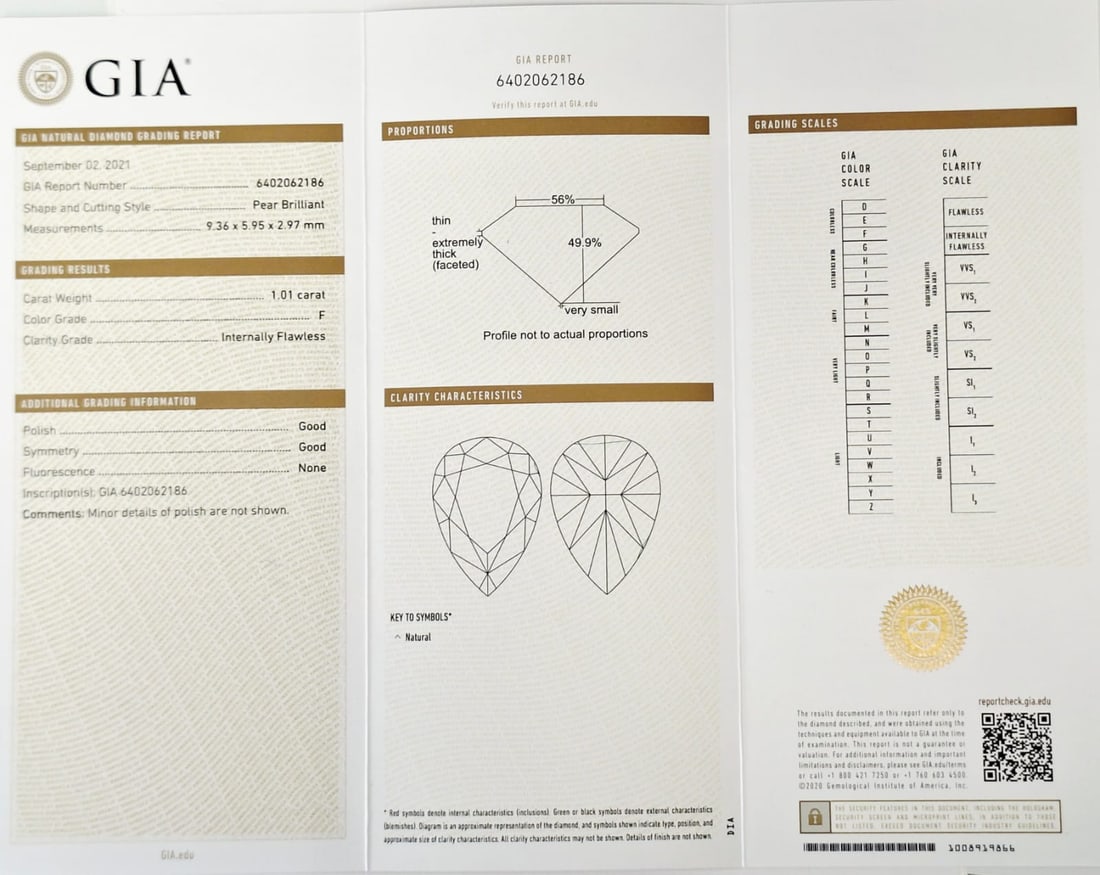 1.01 Carat Pear Cut Diamond - F Color - Internally Flawless (IF) - GIA Certified - 2