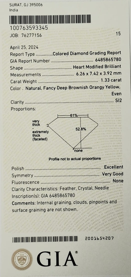 1.33 Carat Heart Shape Fancy Deep Brownish Orangy Yellow Diamond - SI2 - GIA Certified - 6
