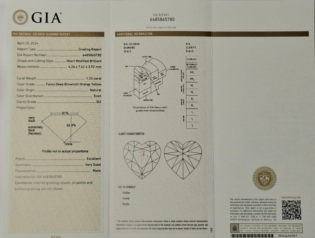 1.33 Carat Heart Shape Fancy Deep Brownish Orangy Yellow Diamond - SI2 - GIA Certified - 8