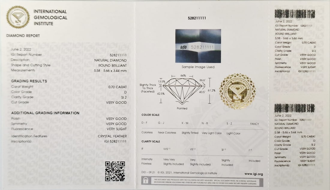 0.70 Carat D Color SI2 Round Brilliant Diamond - IGI Certified - Triple Very Good Cut - 2