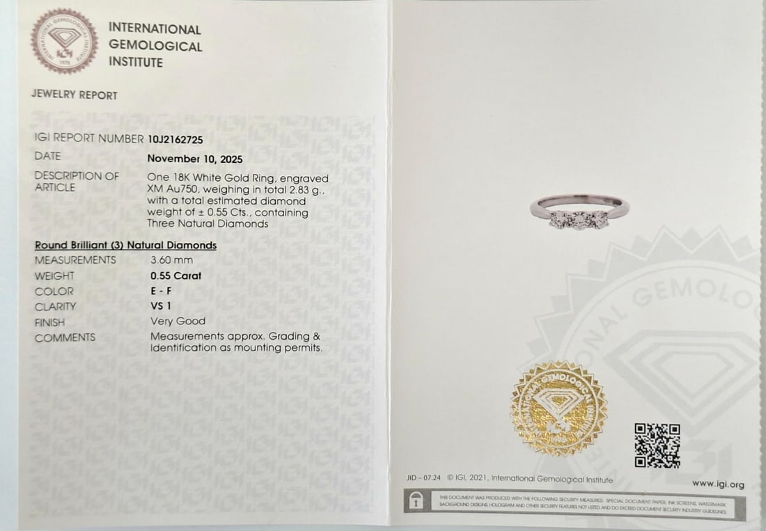 0.55 CTW Three-Stone Natural Diamond Ring - E-F / VS1 - 18K White Gold - IGI Certified - 2