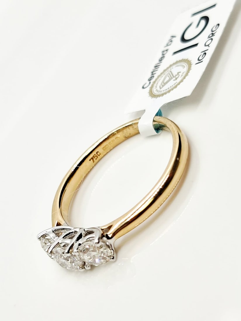0.70 CTW Three-Stone Natural Diamond Ring - F-G / VS - 18K Yellow & White Gold - IGI Certified - 3