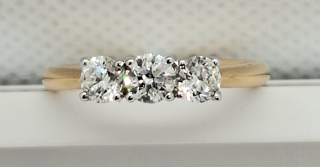 0.70 CTW Three-Stone Natural Diamond Ring - F-G / VS - 18K Yellow & White Gold - IGI Certified - 6