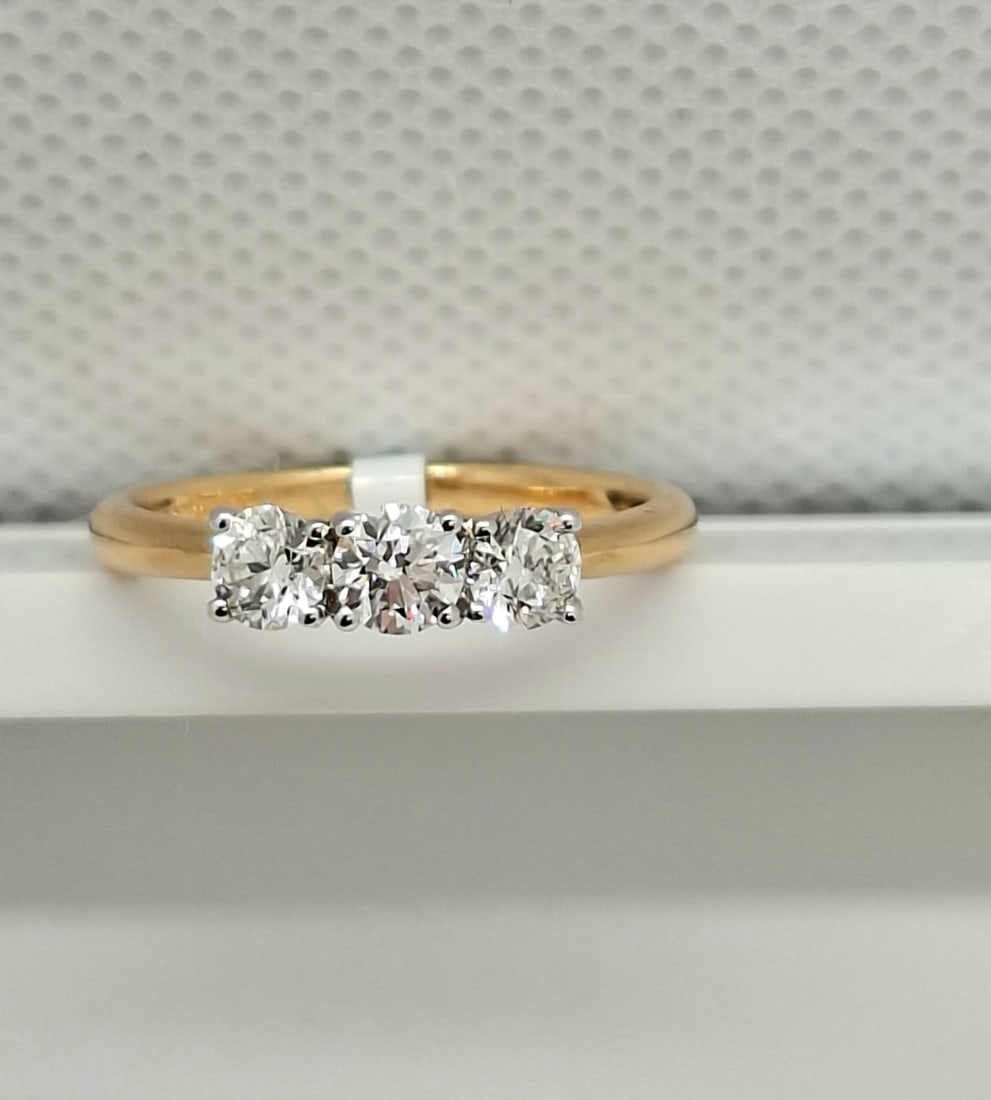 0.70 CTW Three-Stone Natural Diamond Ring - F-G / VS - 18K Yellow & White Gold - IGI Certified - 8