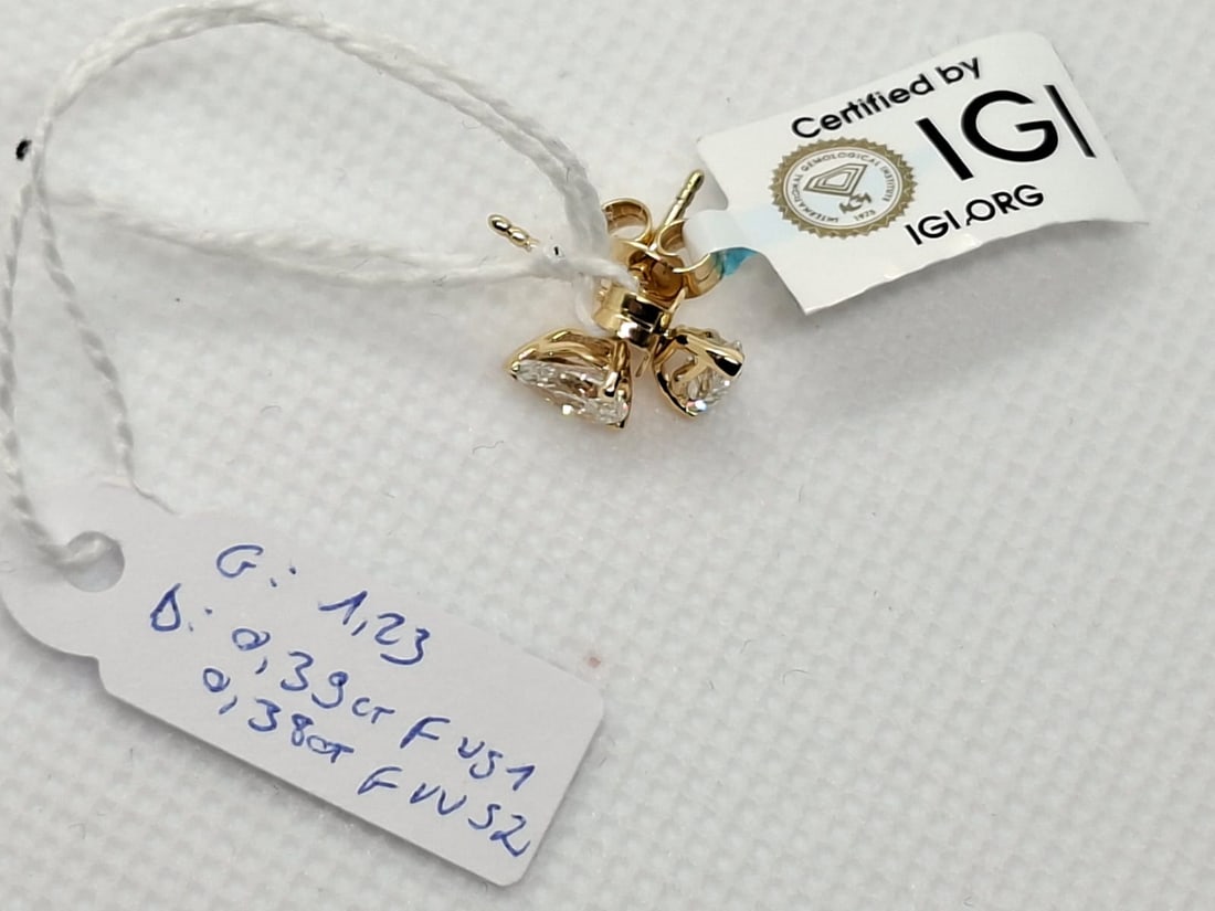 0.75 CTW Pear Shape Natural Diamond Earrings - F-G / VVS2 - VS1 - 18K Yellow Gold - IGI Certified - 8