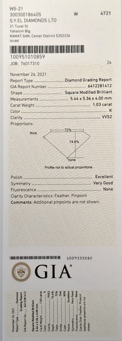 1.03 CT Princess Cut Diamond - K Color - VVS 2 - GIA Certified - 3