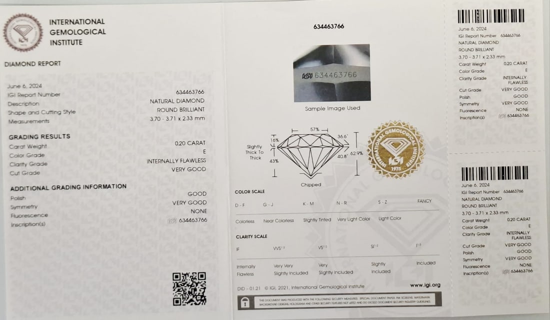 0.40 CTW Pair Round Brilliant Diamonds (0.20 CT Each) - E Color - Internally Flawless (IF) - IGI Cer - 2