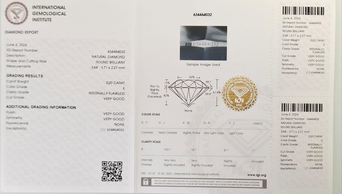 0.40 CTW Pair Round Brilliant Diamonds (0.20 CT Each) - E Color - Internally Flawless (IF) - IGI Cer - 3