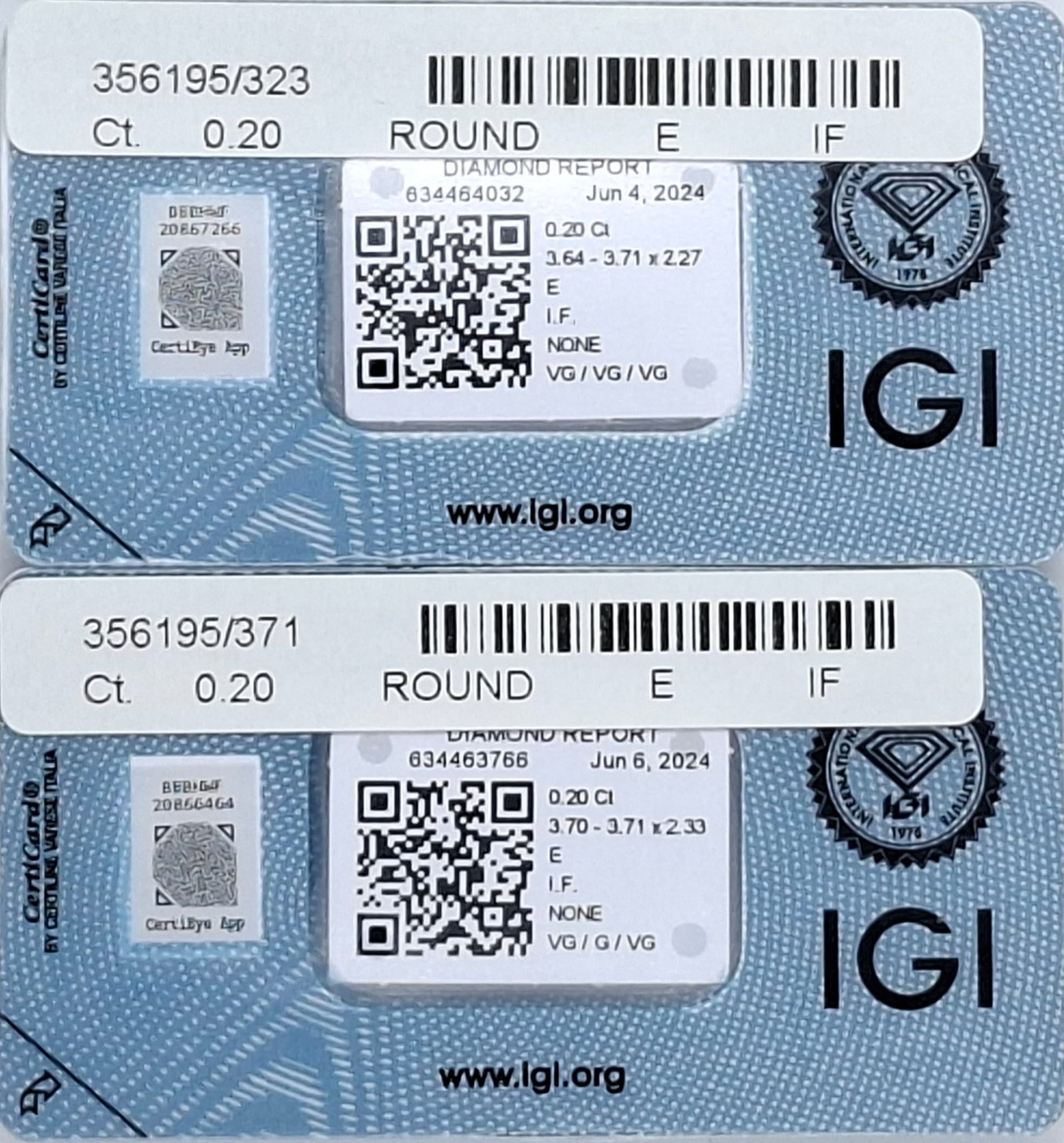 0.40 CTW Pair Round Brilliant Diamonds (0.20 CT Each) - E Color - Internally Flawless (IF) - IGI Cer - 9