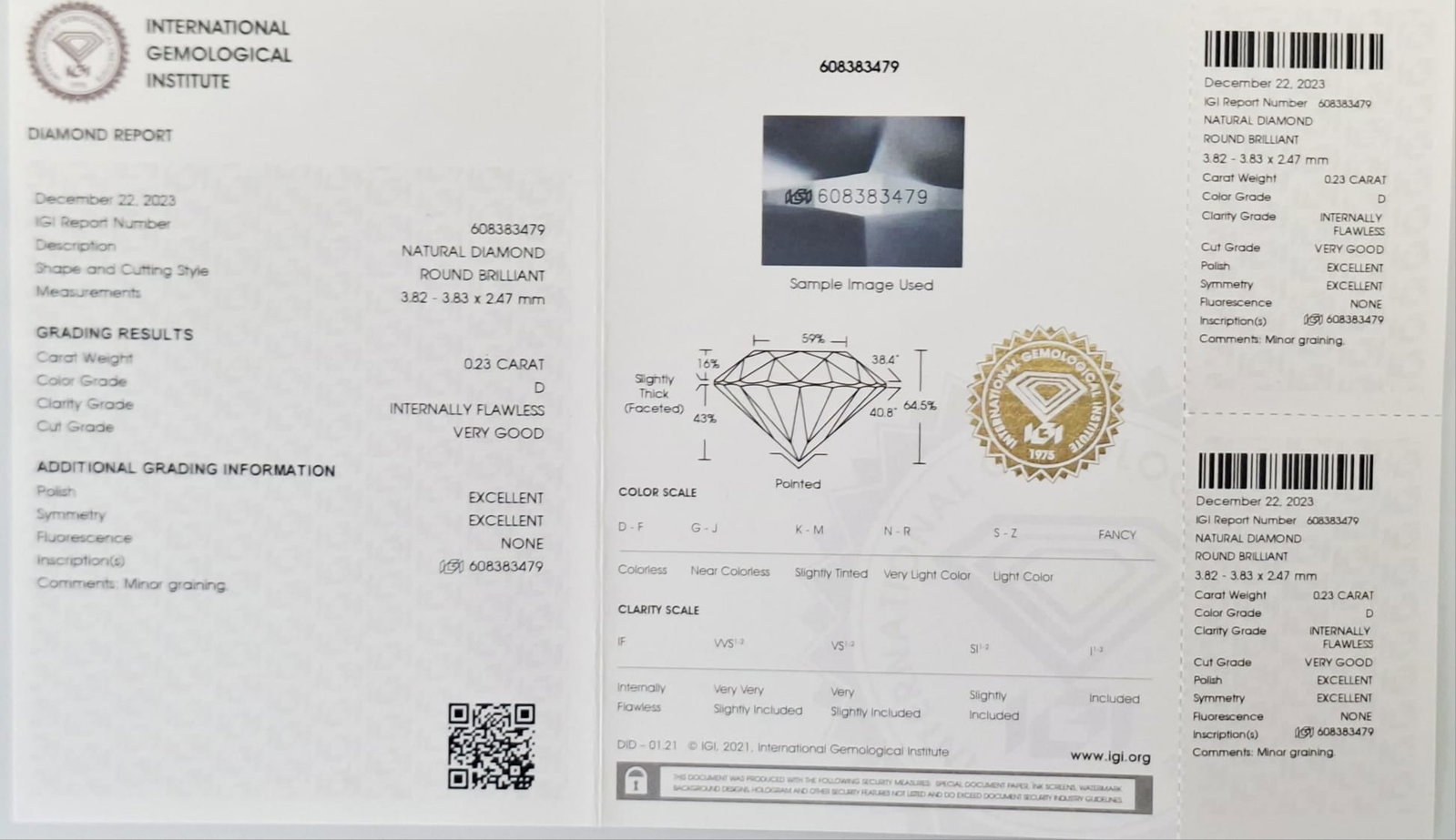 0.46 CTW Pair Round Brilliant Diamonds (0.23 CT Each) -D Color-Internally Flawless (IF)- IGI Cer. - 2