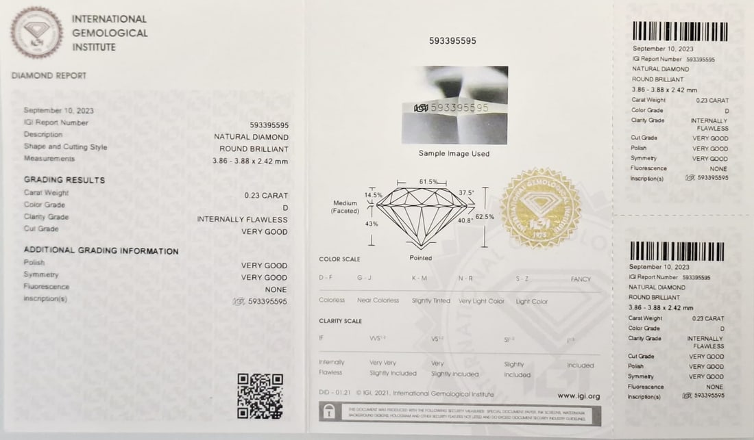 0.46 CTW Pair Round Brilliant Diamonds (0.23 CT Each) -D Color-Internally Flawless (IF)- IGI Cer. - 3