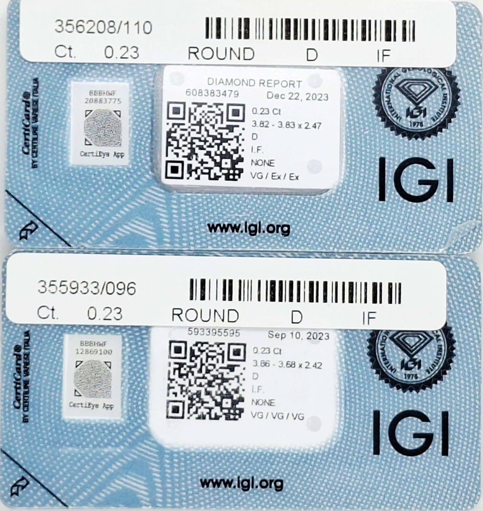 0.46 CTW Pair Round Brilliant Diamonds (0.23 CT Each) -D Color-Internally Flawless (IF)- IGI Cer. - 9