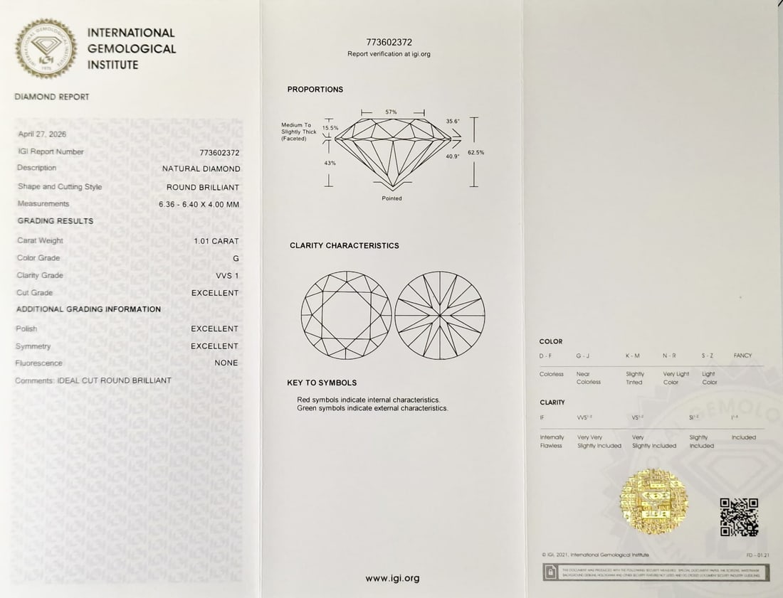 1.01 CT Round Brilliant Natural Diamond - G Color - VVS1 Clarity - IGI Certified (Sealed) - 2