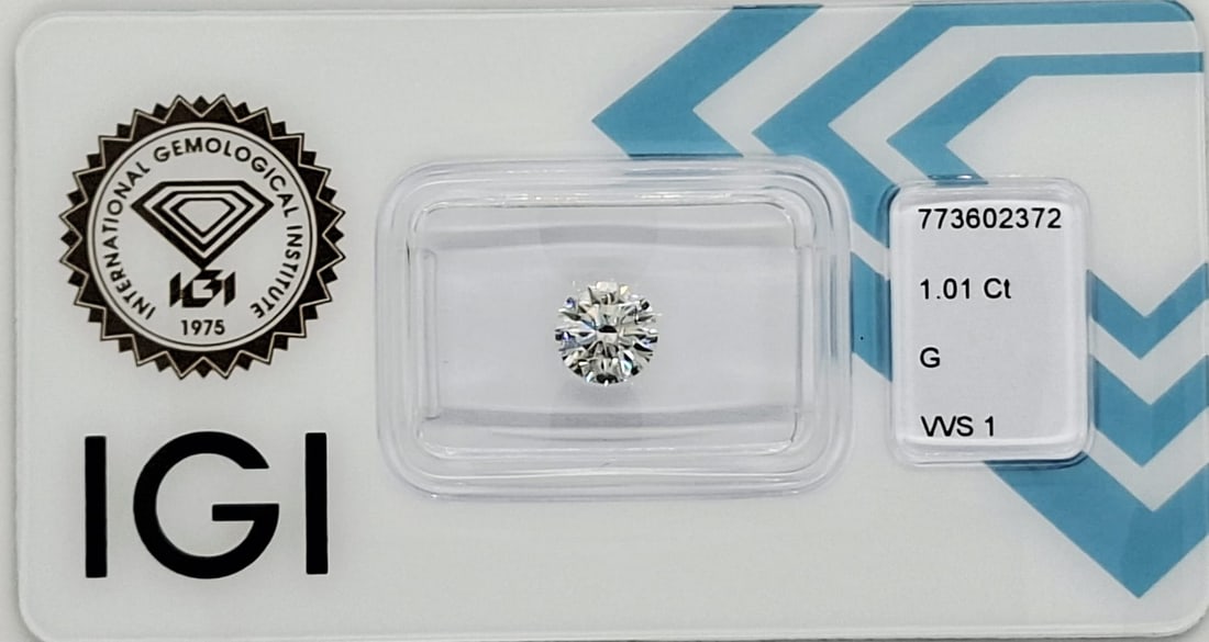 1.01 CT Round Brilliant Natural Diamond - G Color - VVS1 Clarity - IGI Certified (Sealed) - 9