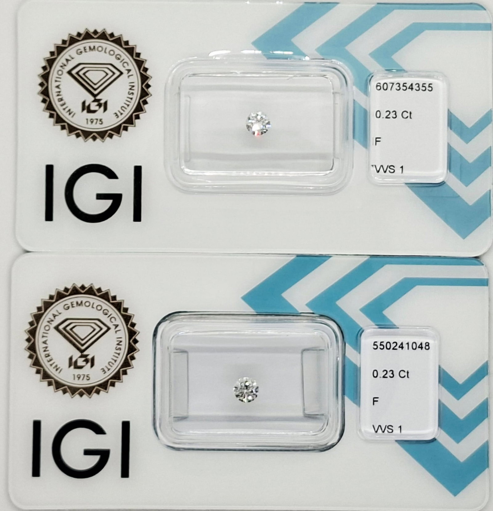 0.46 CTW Pair Round Brilliant Diamonds (0.23 CT Each) - F Color - VVS1 Clarity - IGI Certified (Seal (1 of 9)