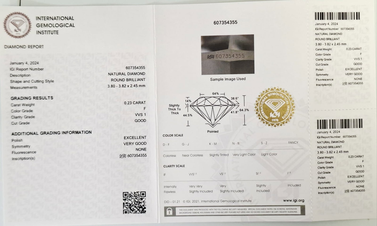 0.46 CTW Pair Round Brilliant Diamonds (0.23 CT Each) - F Color - VVS1 Clarity - IGI Certified (Seal - 2