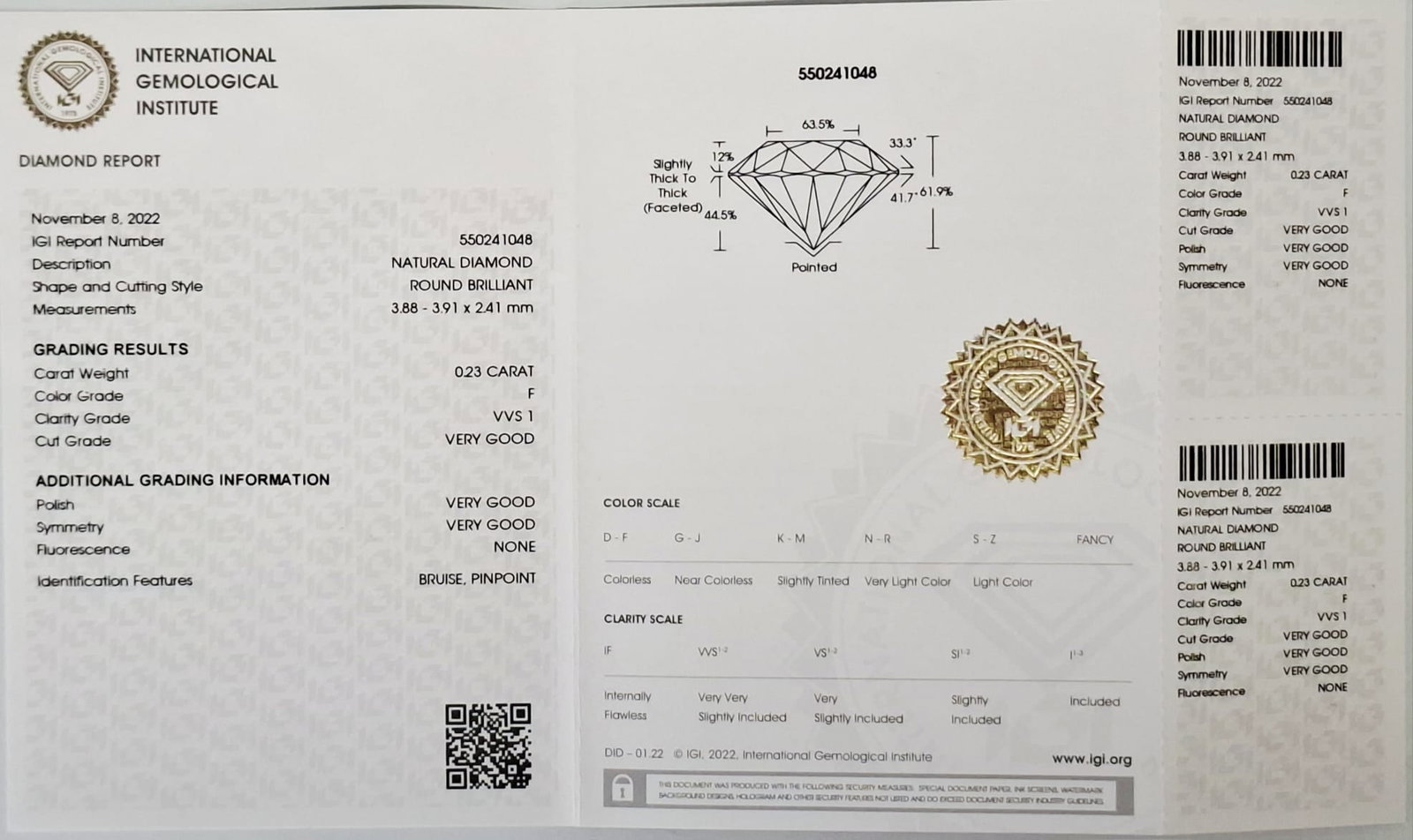 0.46 CTW Pair Round Brilliant Diamonds (0.23 CT Each) - F Color - VVS1 Clarity - IGI Certified (Seal - 3