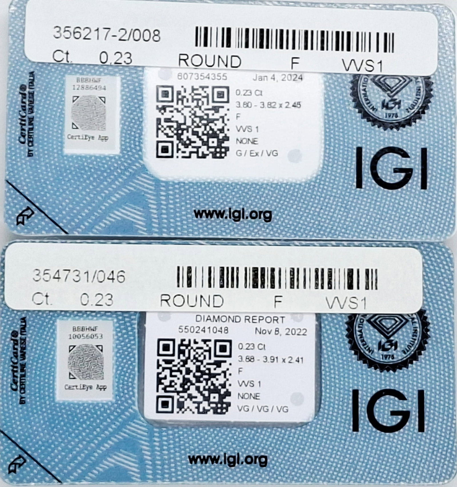 0.46 CTW Pair Round Brilliant Diamonds (0.23 CT Each) - F Color - VVS1 Clarity - IGI Certified (Seal - 9