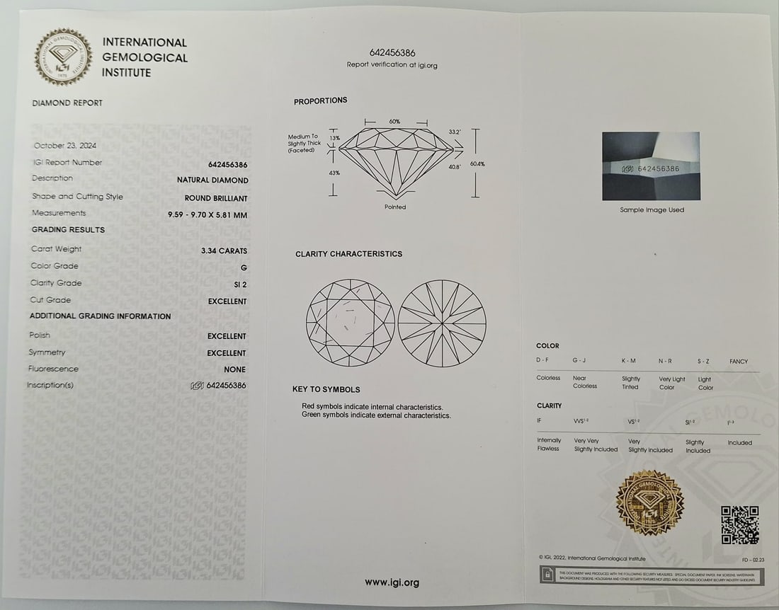 3.34 CT Round Brilliant Natural Diamond - G Color - SI2 Clarity - Triple Excellent - IGI Certified ( - 2