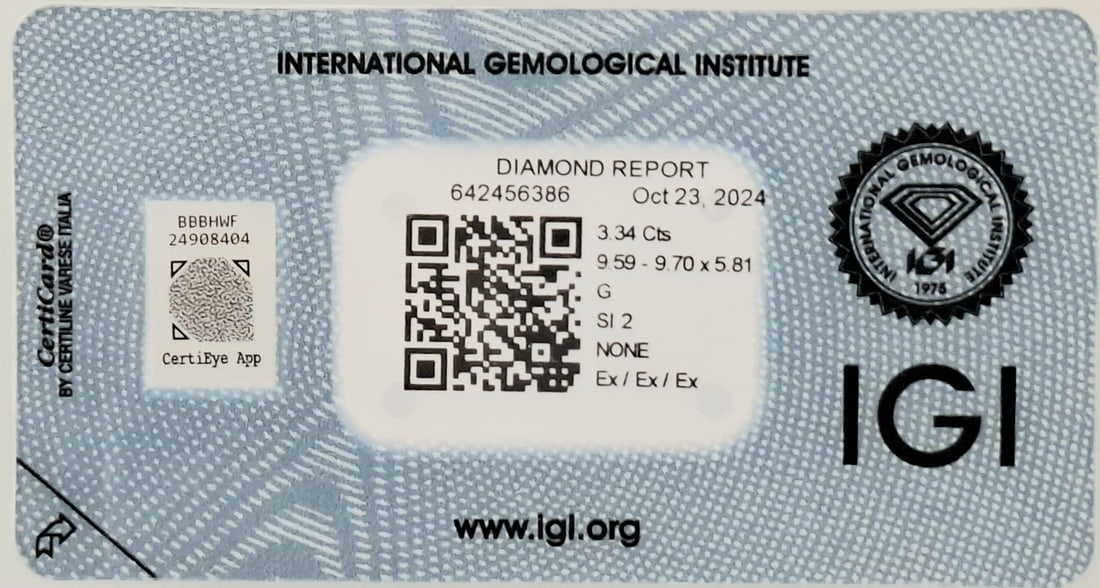 3.34 CT Round Brilliant Natural Diamond - G Color - SI2 Clarity - Triple Excellent - IGI Certified ( - 8