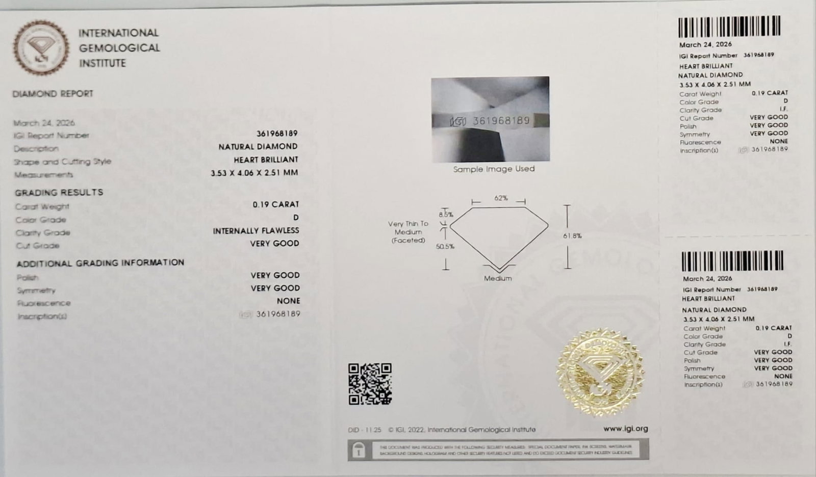 Pair 0.38 CT Total (0.19 CT x2) Heart Brilliant Natural Diamonds - D Color - IF Clarity - IGI Certif - 2
