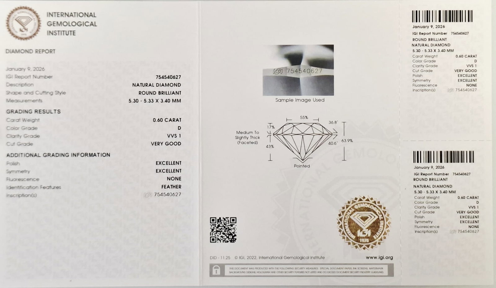 0.60 CT Round Brilliant Natural Diamond - D Color - VVS1 Clarity - IGI Certified (Sealed) - - 2