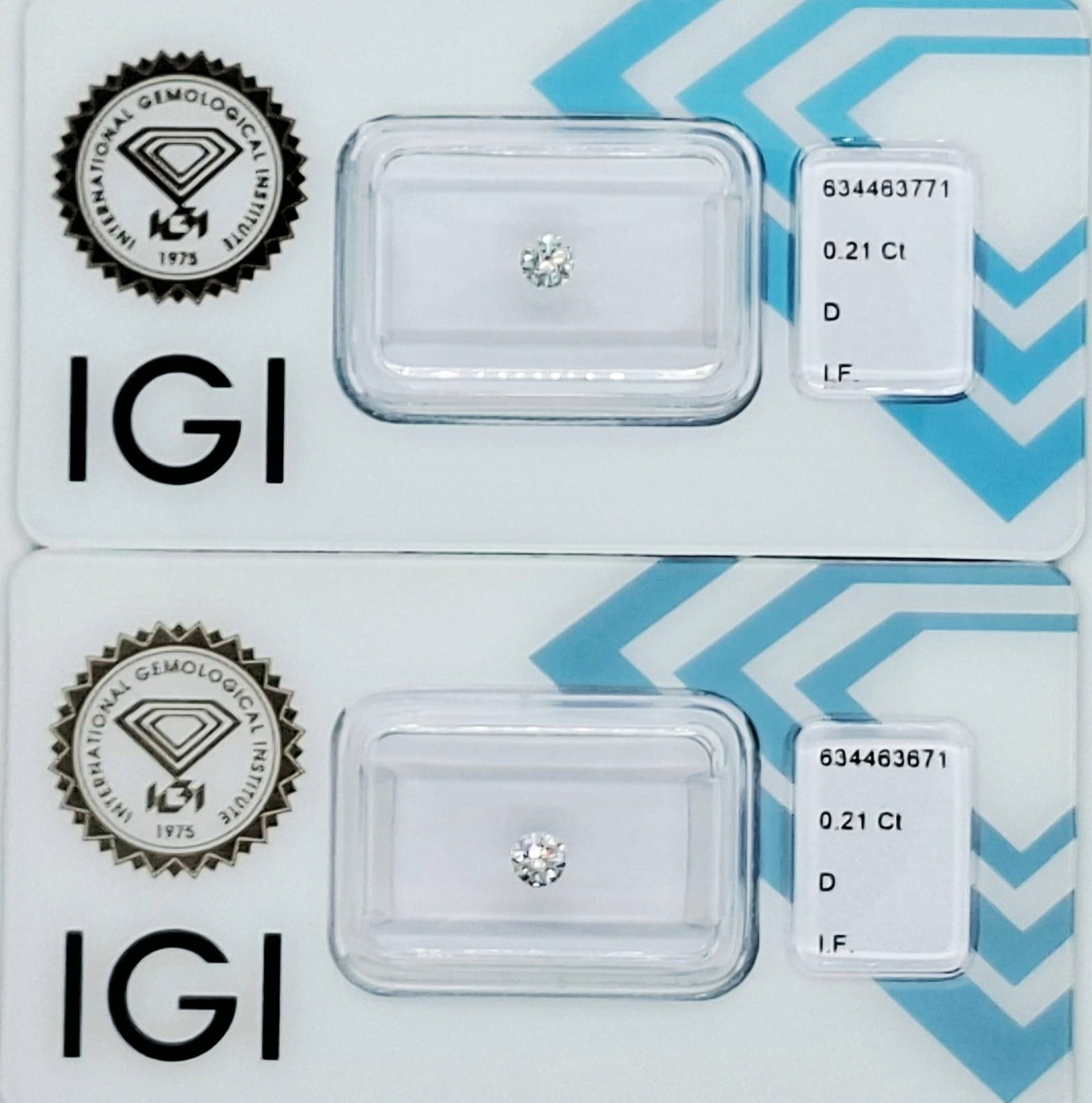 0.42 CTW Pair D IF Natural Round Brilliant Diamonds IGI Certified Sealed: 0.42 CTW Pair of Natural Round Brilliant Diamonds Dual IGI Certified Reports • Sealed CertiCards • D Color • Internally Flawless (I.F.) Investment Grade Matched Pair: A rare