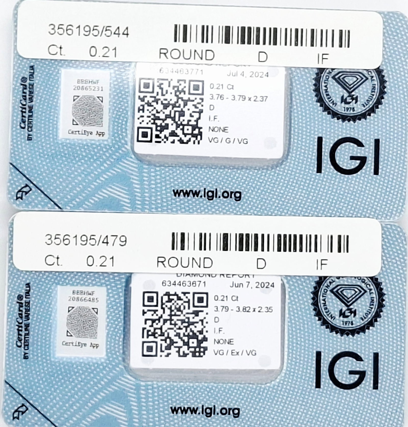 0.42 CTW Pair D IF Natural Round Brilliant Diamonds IGI Certified Sealed - 9