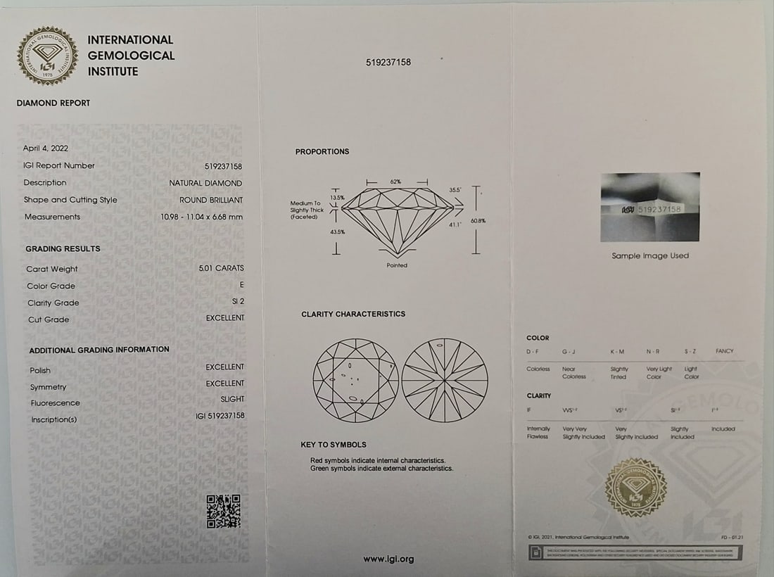 5.01 CT Natural Round Brilliant Diamond E SI2 Triple Excellent IGI Certified Sealed - 2