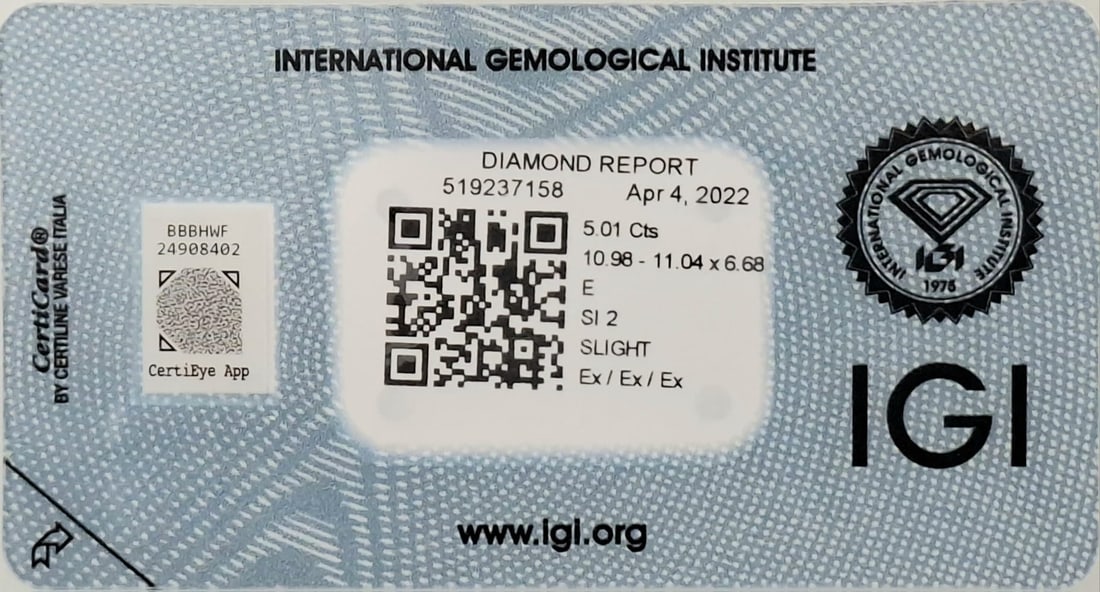 5.01 CT Natural Round Brilliant Diamond E SI2 Triple Excellent IGI Certified Sealed - 5