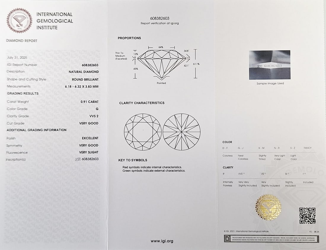 0.91 CT Natural Round Brilliant Diamond G VVS2 IGI Certified Sealed CertiCard - 2