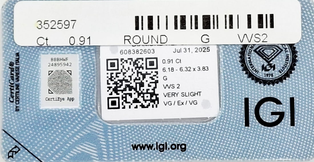 0.91 CT Natural Round Brilliant Diamond G VVS2 IGI Certified Sealed CertiCard - 3