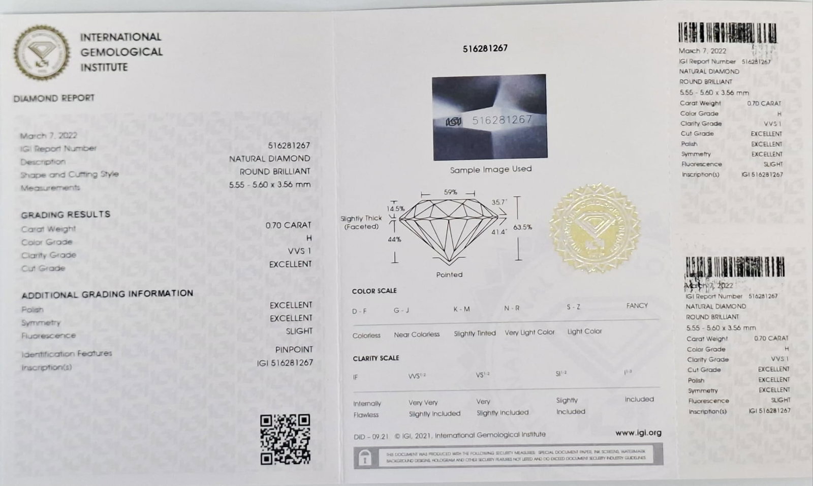 0.70 CT Natural Round Brilliant Diamond H VVS1 3EX IGI Certified Sealed - 2