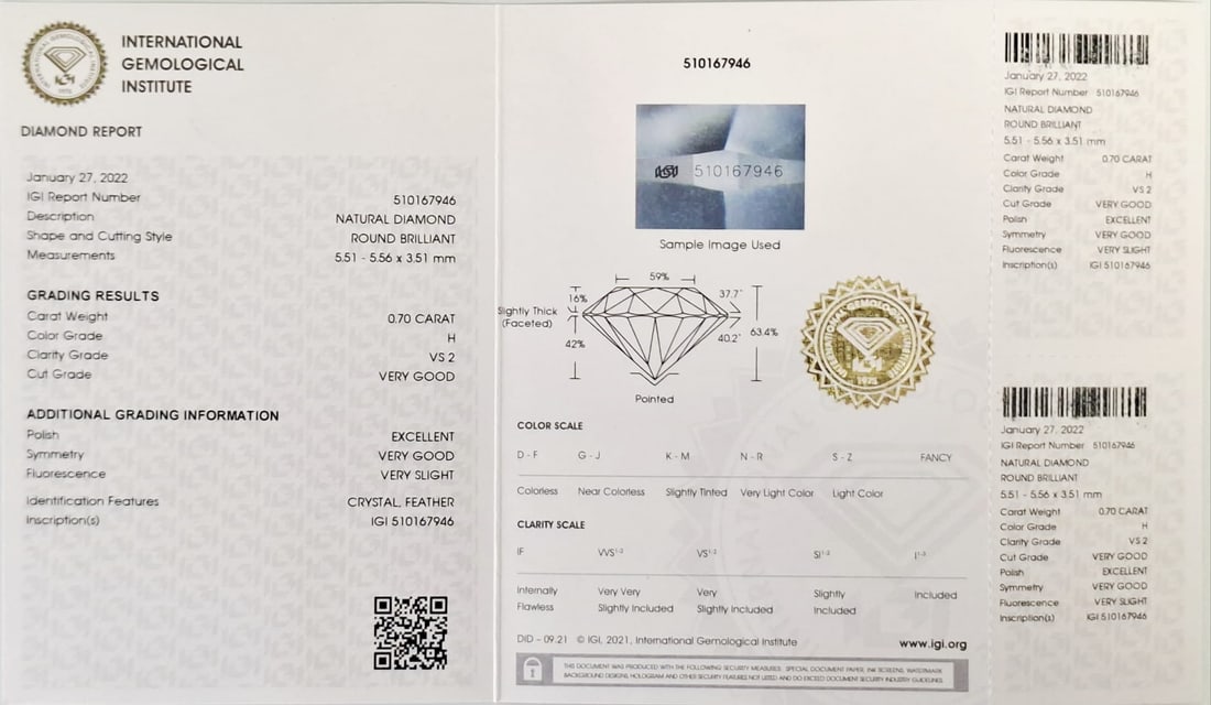 0.70 CT Natural Round Brilliant Diamond H VS2 VG/EX/VG IGI Certified Sealed - 2