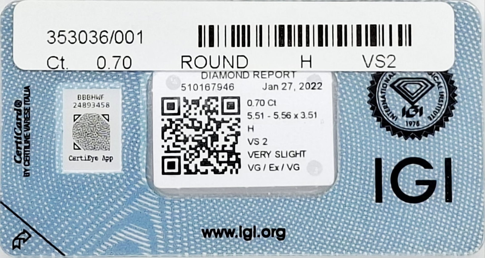 0.70 CT Natural Round Brilliant Diamond H VS2 VG/EX/VG IGI Certified Sealed - 3