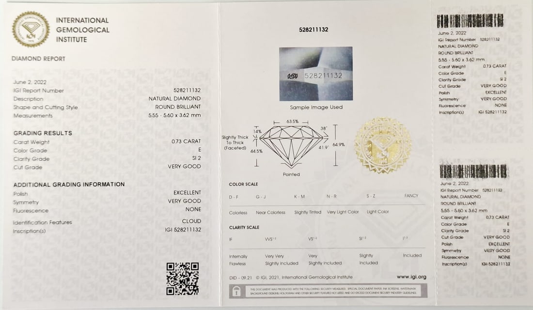 0.73 CT Natural Round Brilliant Diamond E SI2 VG/EX/VG IGI Certified Sealed CertiCard - 2